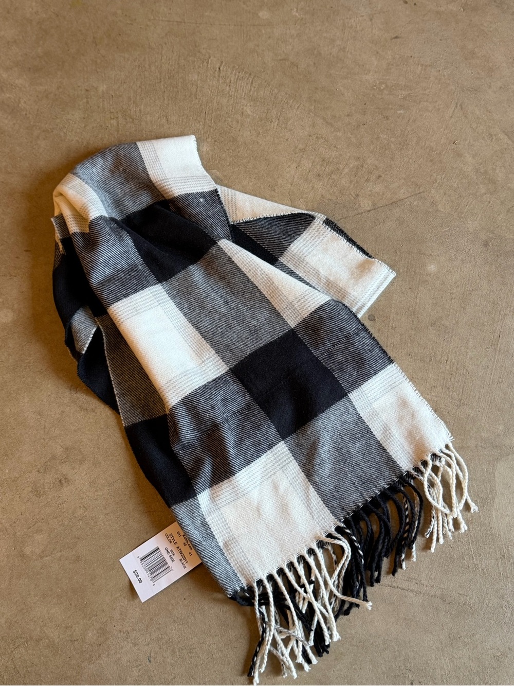 NWT Sonoma Plaid Fringe Small Scarf - Black & White 60" x 13"